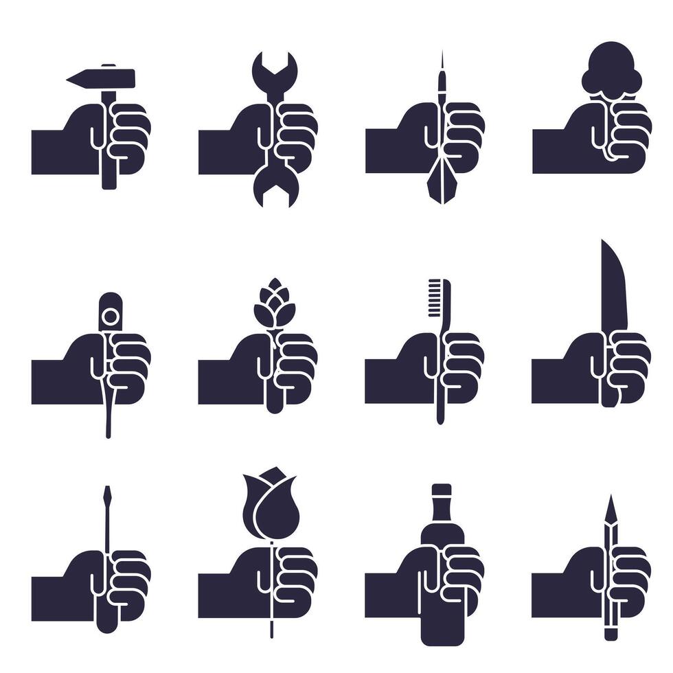Full icons of various objects in human hands. Hands holding things. Hand with objects set. vector