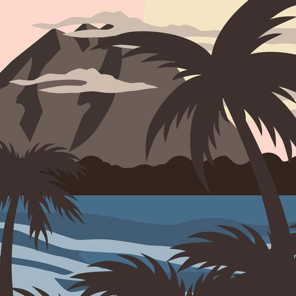 Abstract summer vacation background. Sunset on the sea. Palm trees on the island. Tropical vacation. vector