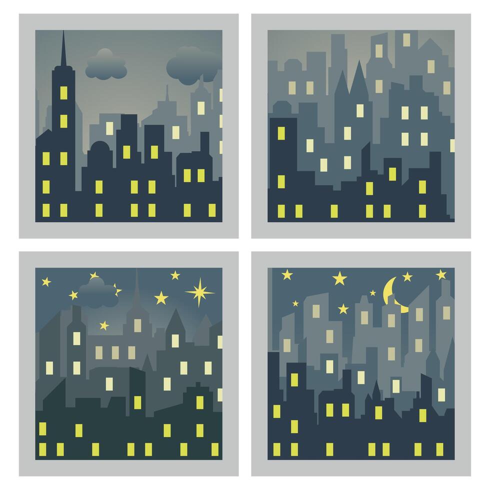 Silhouette of the city against the night sky. Silhouette of a night city with a bright moon and stars in the sky. vector