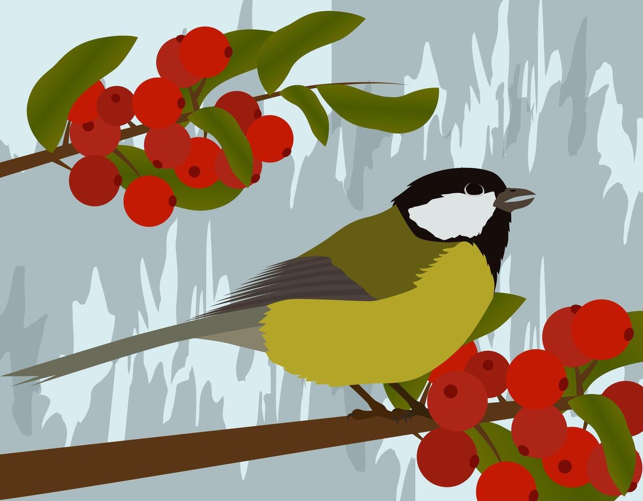 Tit sitting on a branch. Natural seasonal landscape for use in holiday design. vector
