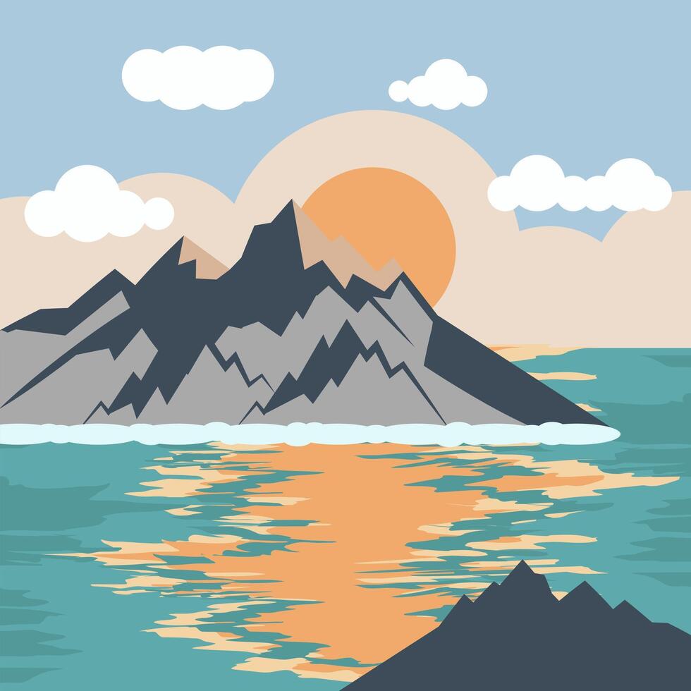 Abstract sunset in the mountains. Illustration of sunset over mountains in the ocean in a minimalist style. vector