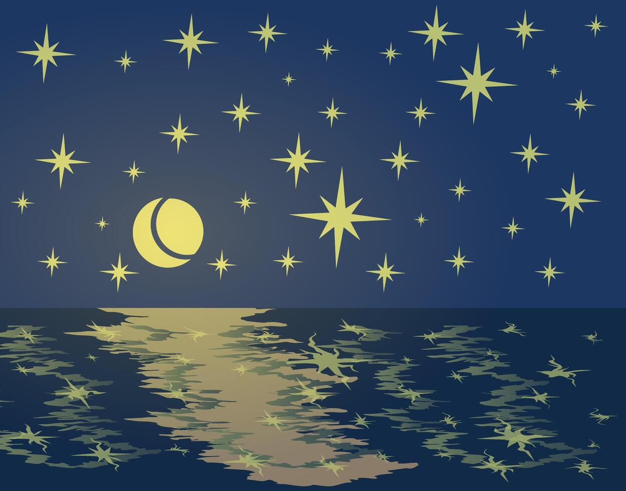Moonlit night over the sea - starry sky and reflection in the water. The magic of night nature. vector