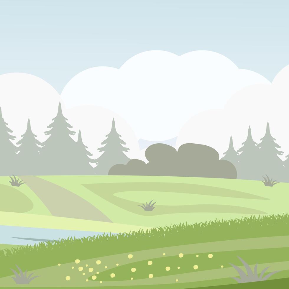 Nature background in flat cartoon style. Summer fields. Green hills. Bright colors. vector