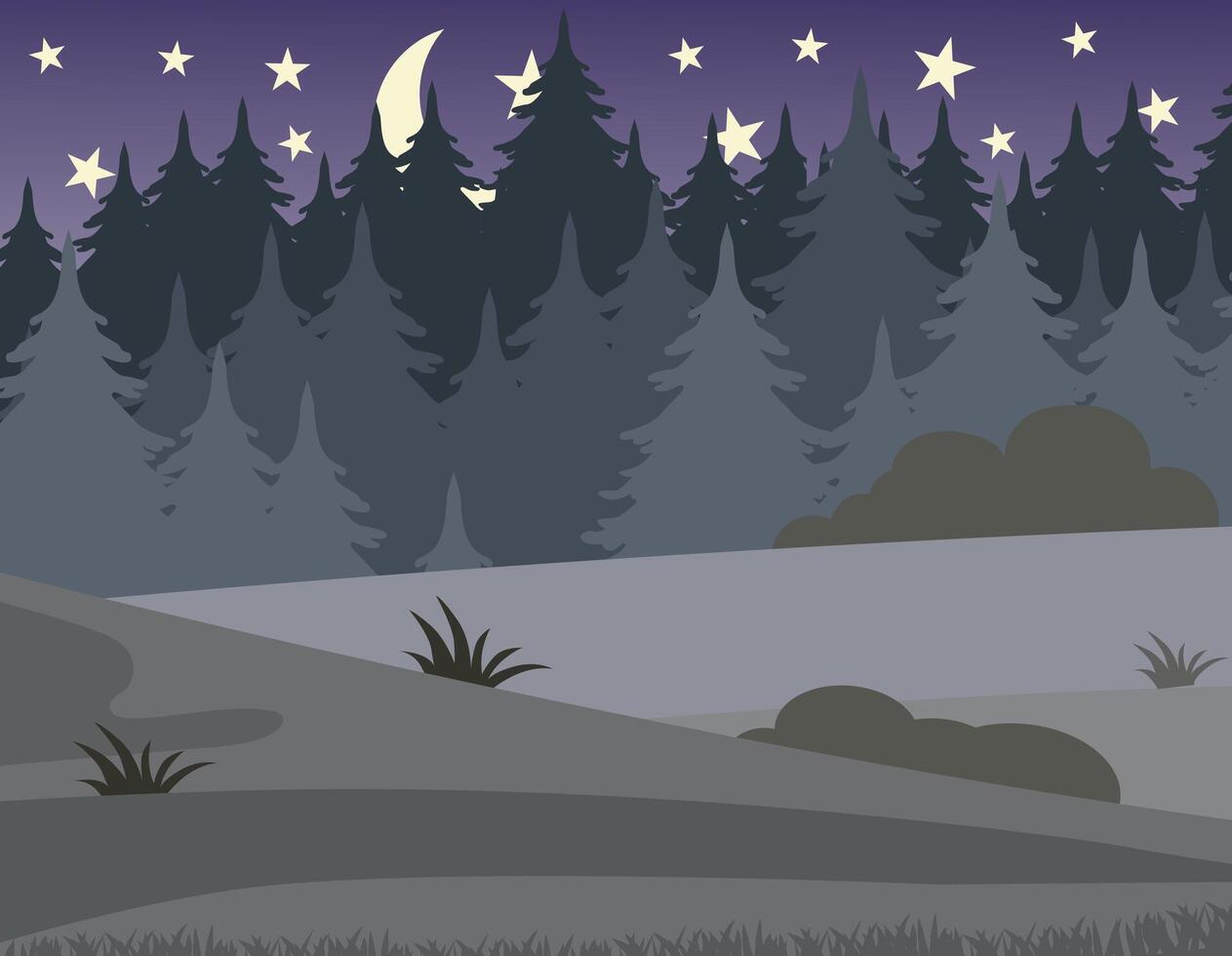 Night forest landscape with silhouettes of pine trees, stars and a crescent moon in the sky. vector