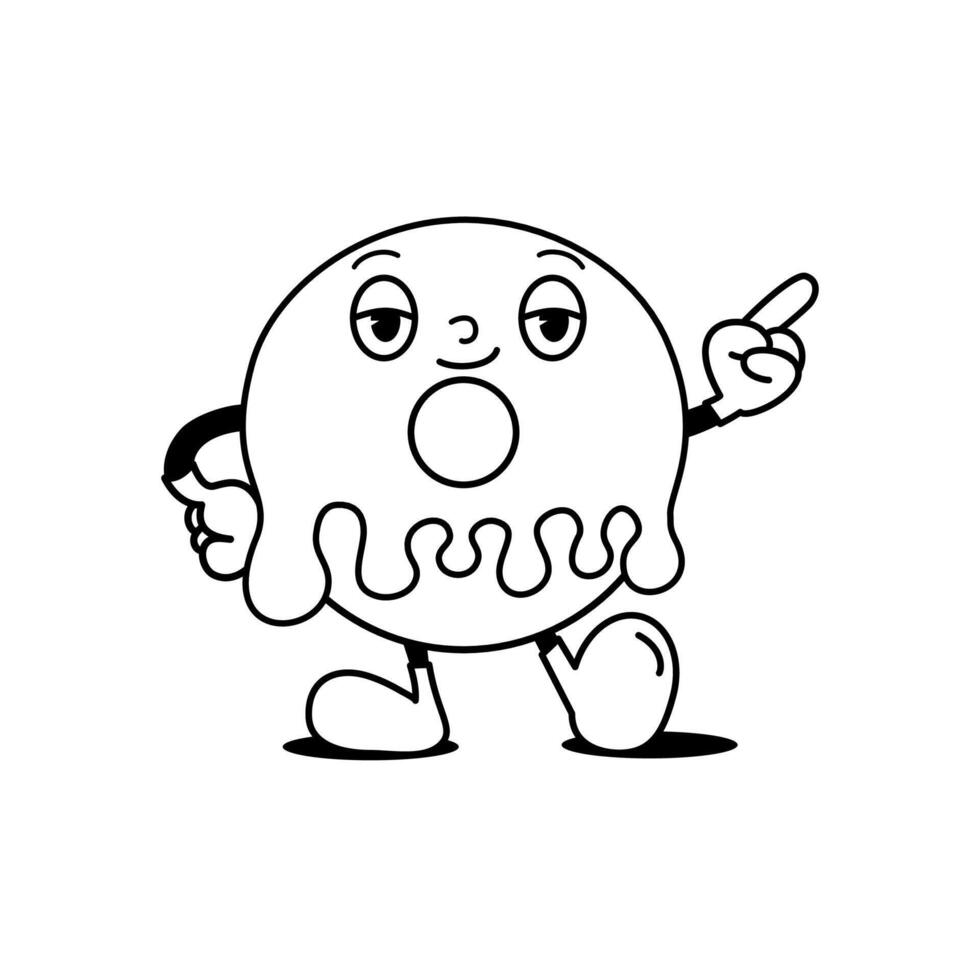 Groovy donut mascot with pointing finger pose. vector