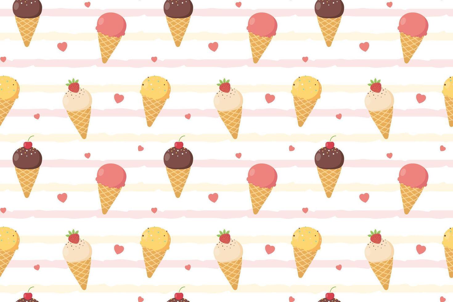 Cute seamless pattern with ice cream cone and hearts on striped background. Summer design for childrens clothes, textiles, fabric, packaging. illustration vector