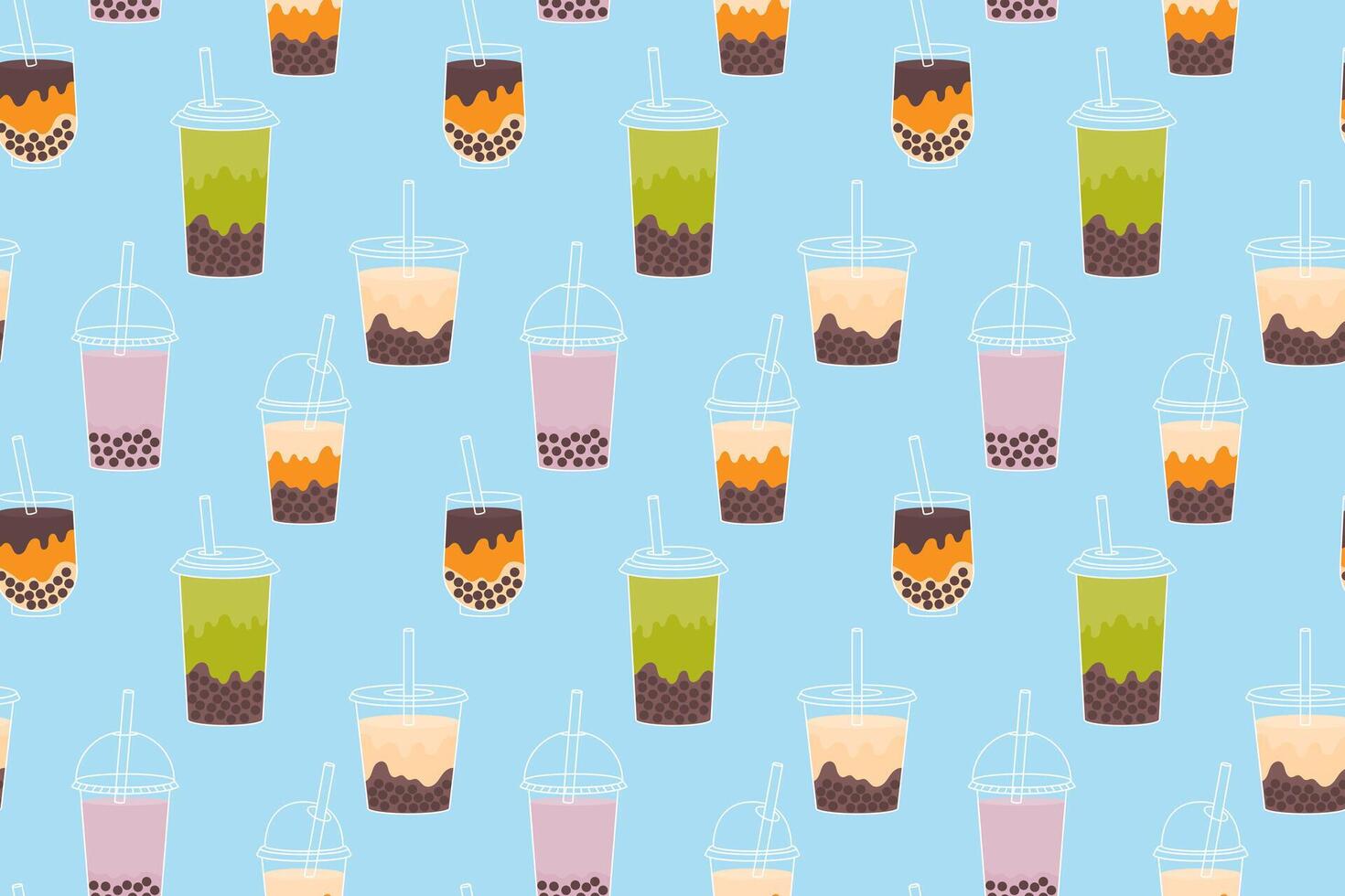 Seamless pattern with bubble tea. Repeating print with cold boba cocktail in glasses with straw. illustration vector
