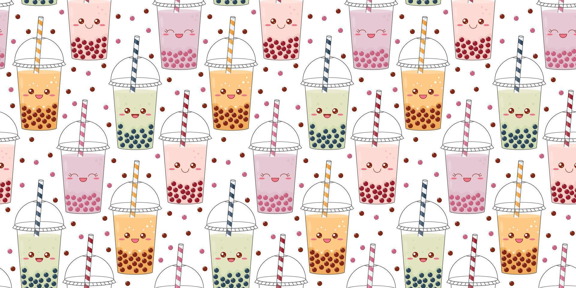 Cute seamless pattern with plastic glasses of bubble tea. Funny kawaii characters of drinks. illustration vector