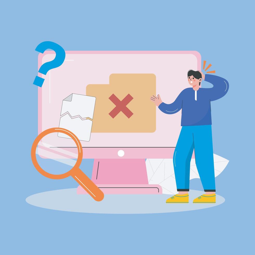 finding file in monitor screen with confuse man illustration in isolated background vector