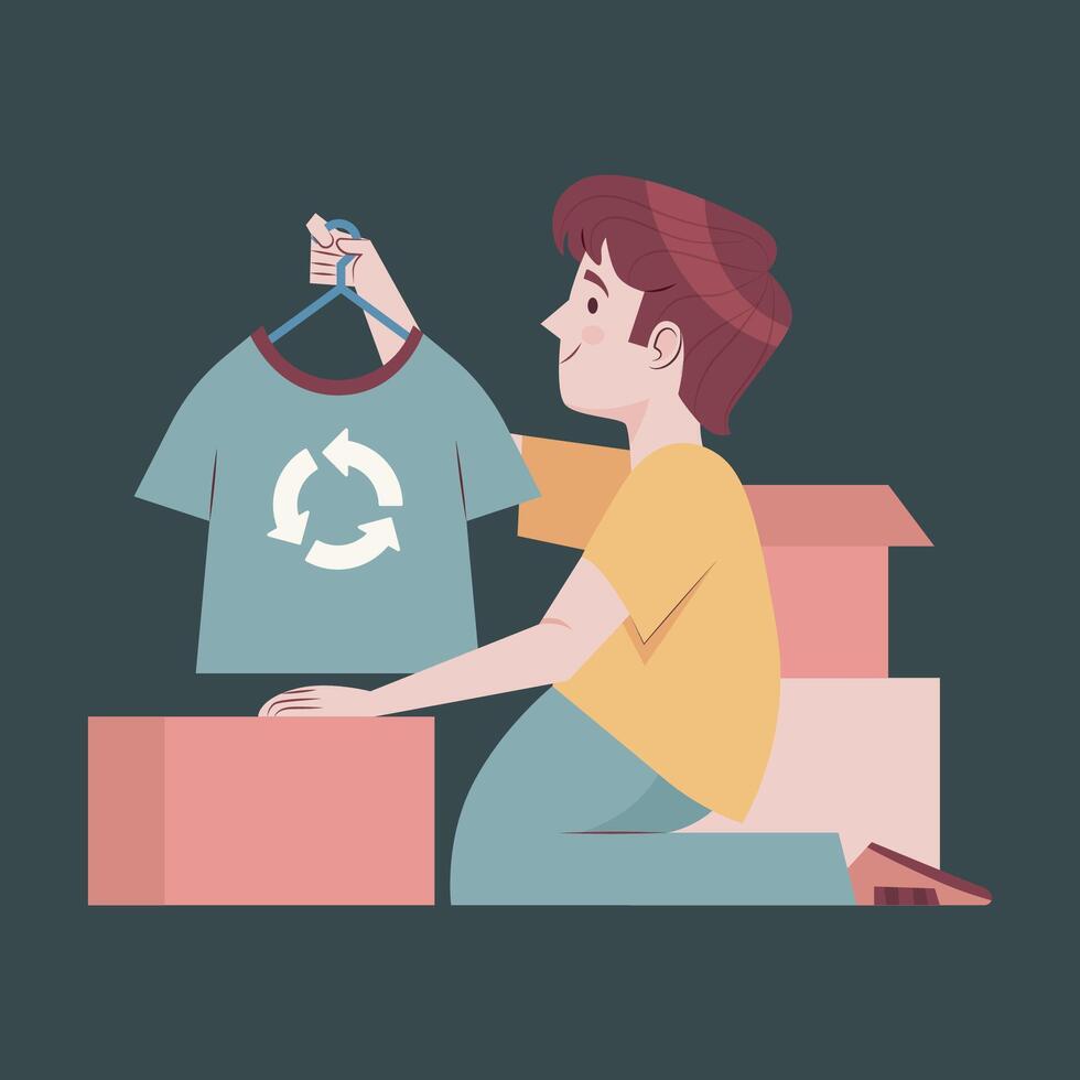 Man holding a recycled t-shirt with clothes ready to be donated illustration in isolated background vector