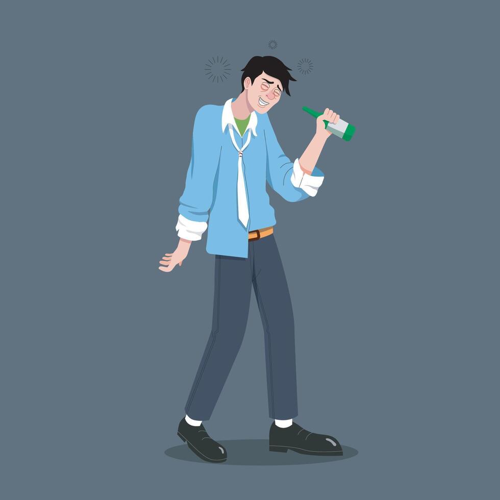 Man stumbling with a bottle of alcohol illustration in isolated background vector