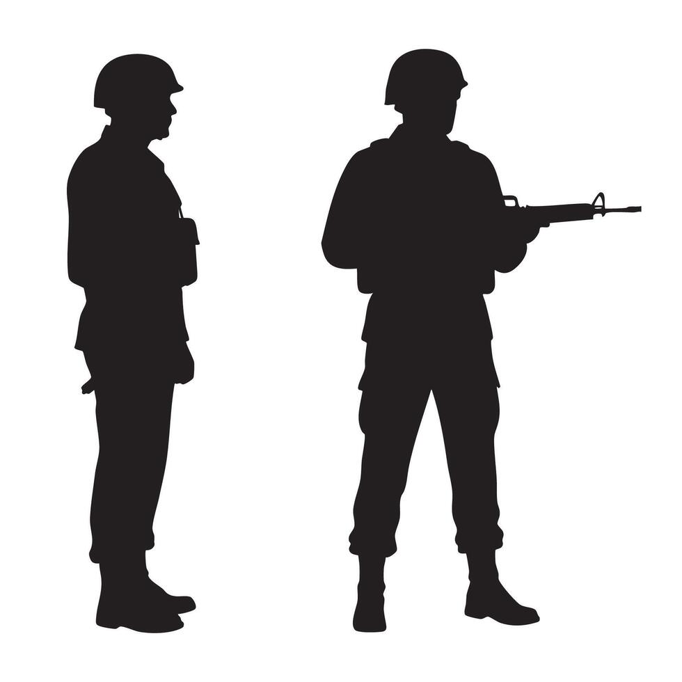 Silhouetted soldiers grouped on a plain white background vector
