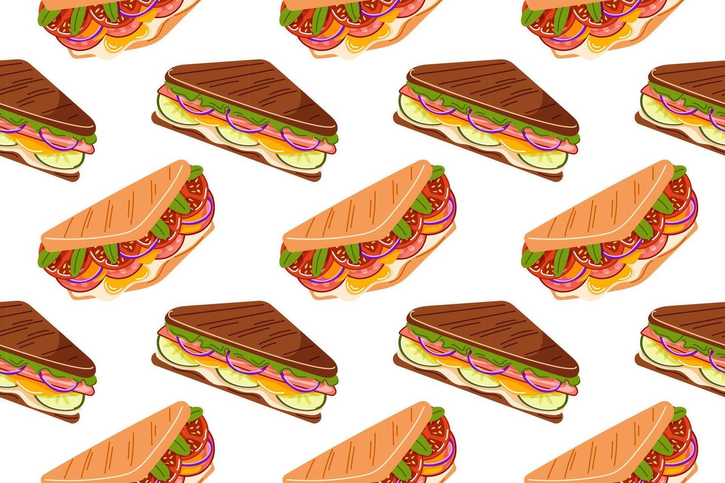 Various sandwiches seamless pattern in flat style. Perfect for kitchen design, menu, restaurant decor and food package. vector
