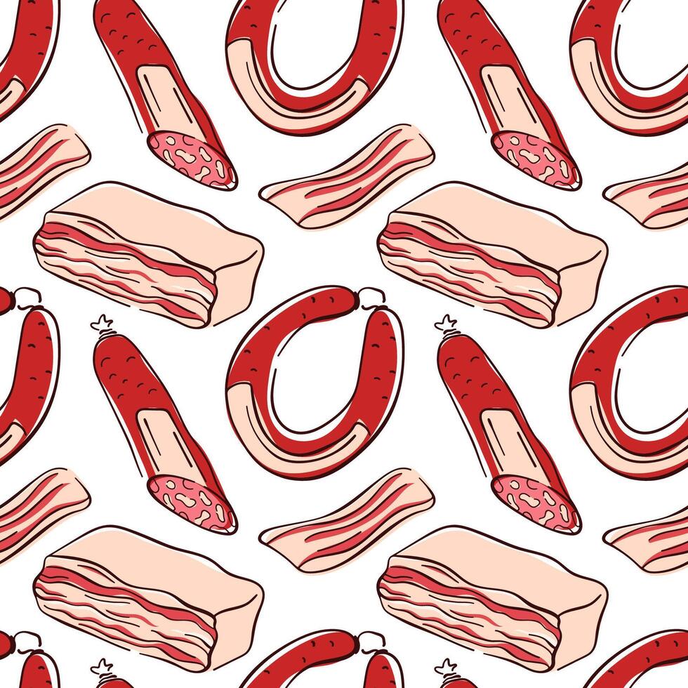 Seamless pattern of sausage, bacon and salami in flat style on white background. Ideal for delivery packaging, kitchen decor or restaurant wrapping paper. vector