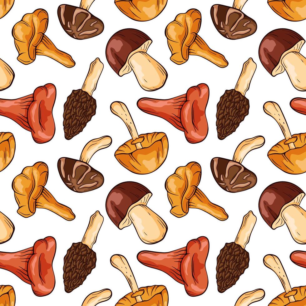 Seamless pattern of cartoon style mushroom on white background. Boletus, porcini, Chanterelle, Morel, Niscalo, Shiitake, Autumn Skullcap. Perfect for food nature or botanical autumn design. vector