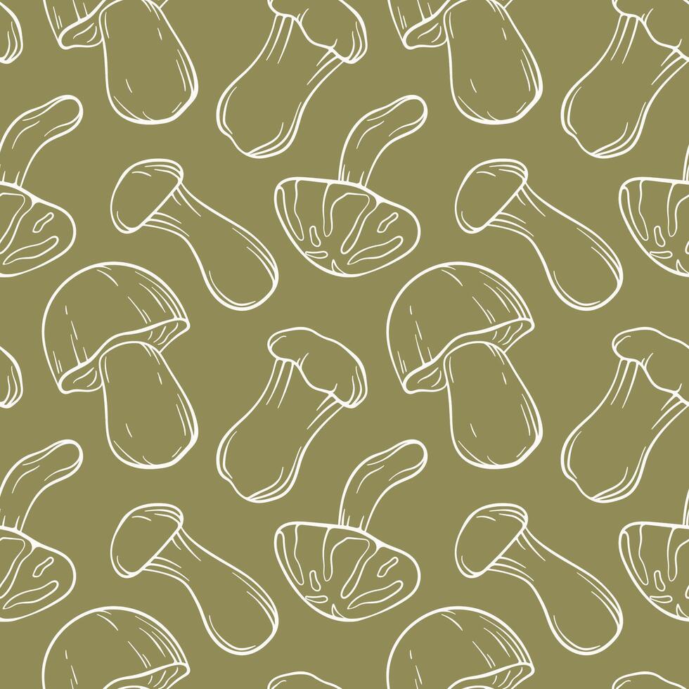 Seamless pattern with line art mushroom on green background. Boletus, Trumpet, Shiitake illustration for delivery packaging, kitchen textile or autumn design. vector