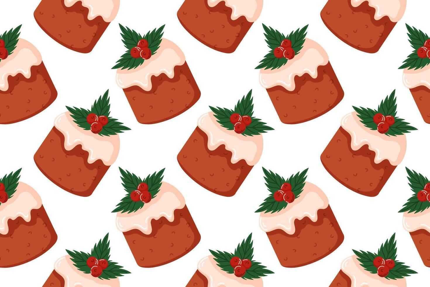 Seamless pattern with Festive Christmas cake topped with white icing, holly leaves and red berries in cartoon style. Ideal for kitchen design, greeting card or culinary menu. vector