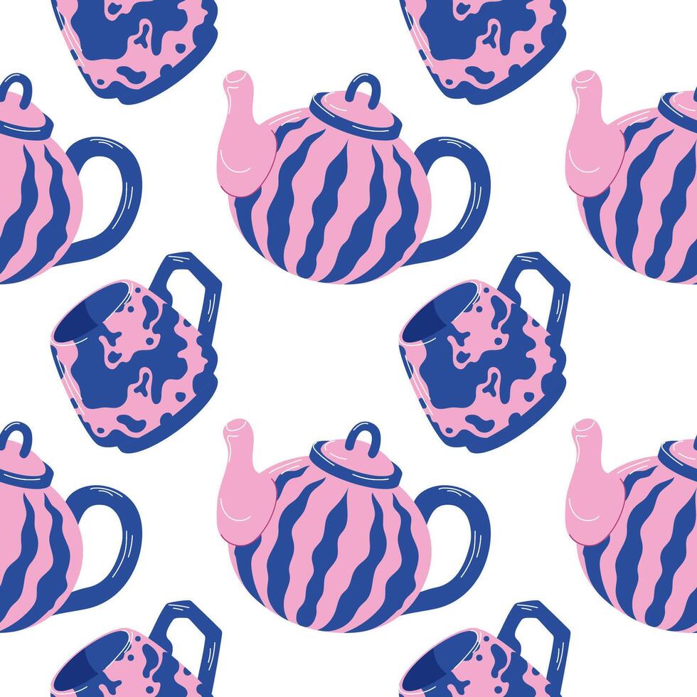 Seamless pattern of pink and blue teapot and cup with wavy stripe design on a white background in flat style. Perfect for fabric, gift wrap, kitchen wallpaper. vector