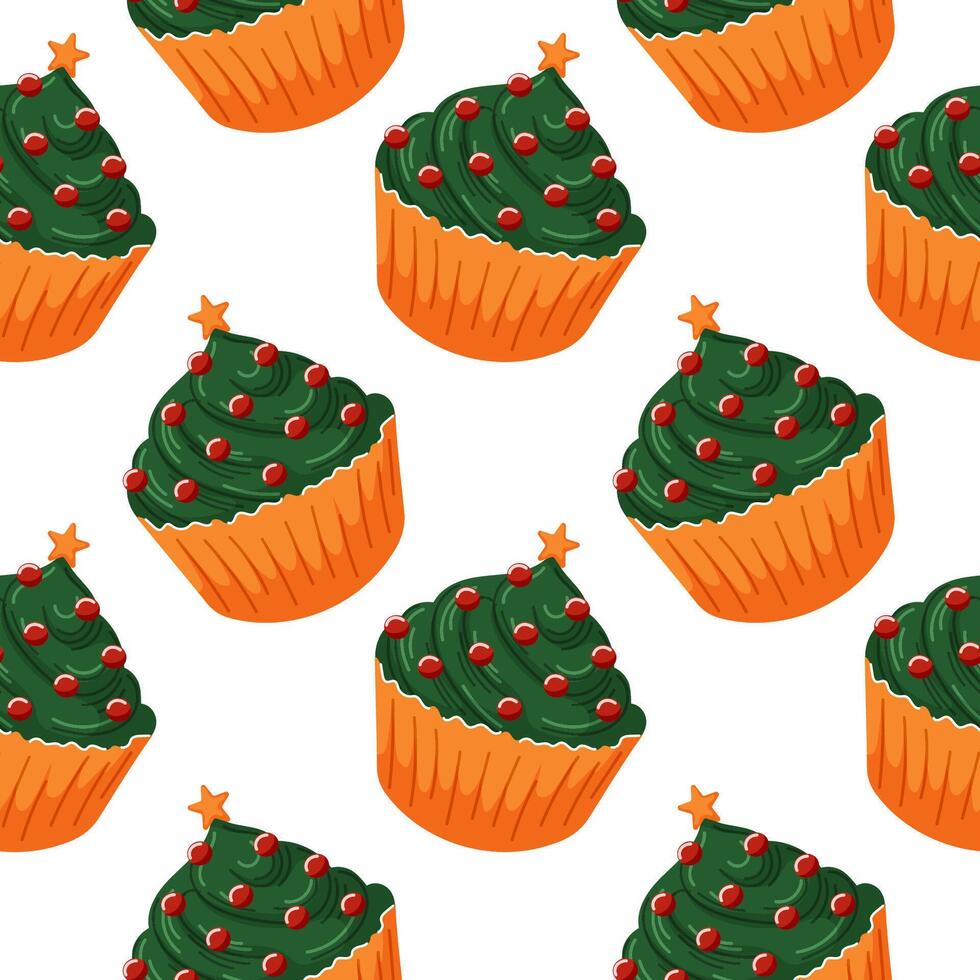Seamless pattern with festive cupcake decorated like a Christmas tree with green frosting in cartoon style. Perfect for holiday design, card and bakery wallpaper. vector