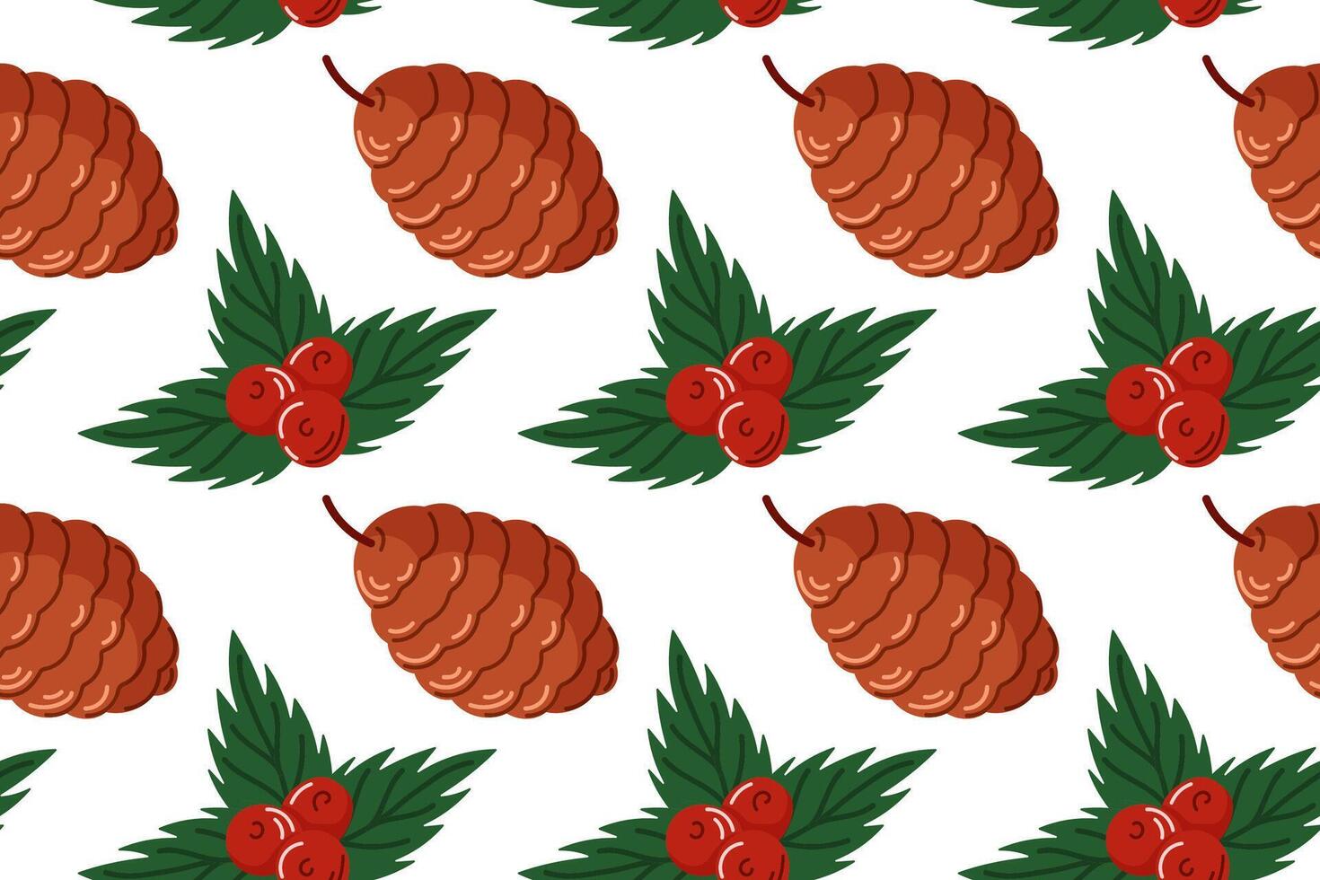 Seamless pattern with pine cone, holly leaves and red berries in cartoon style on white background. Perfect for Christmas packaging, winter textile and festive seasonal decoration. vector