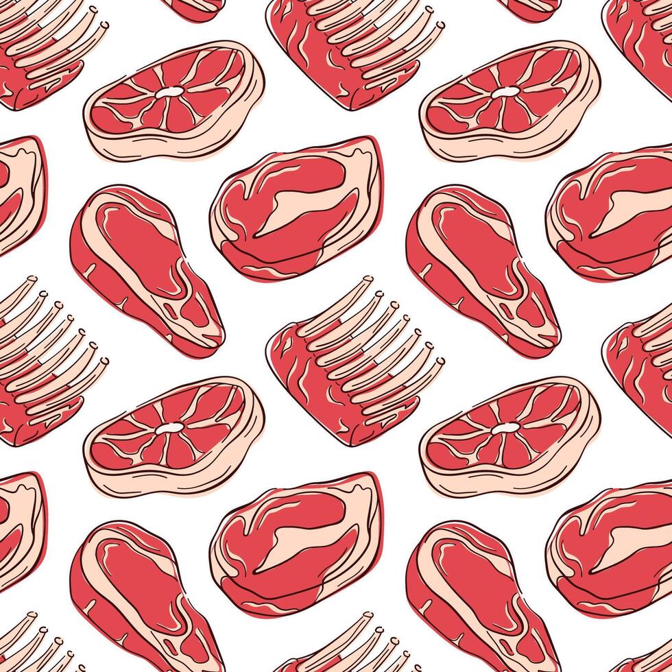 Seamless pattern with flat style raw meat cut, steak, ribs and lamb white background. Ideal for food packaging, kitchen decor or butcher shop wallpaper design. vector