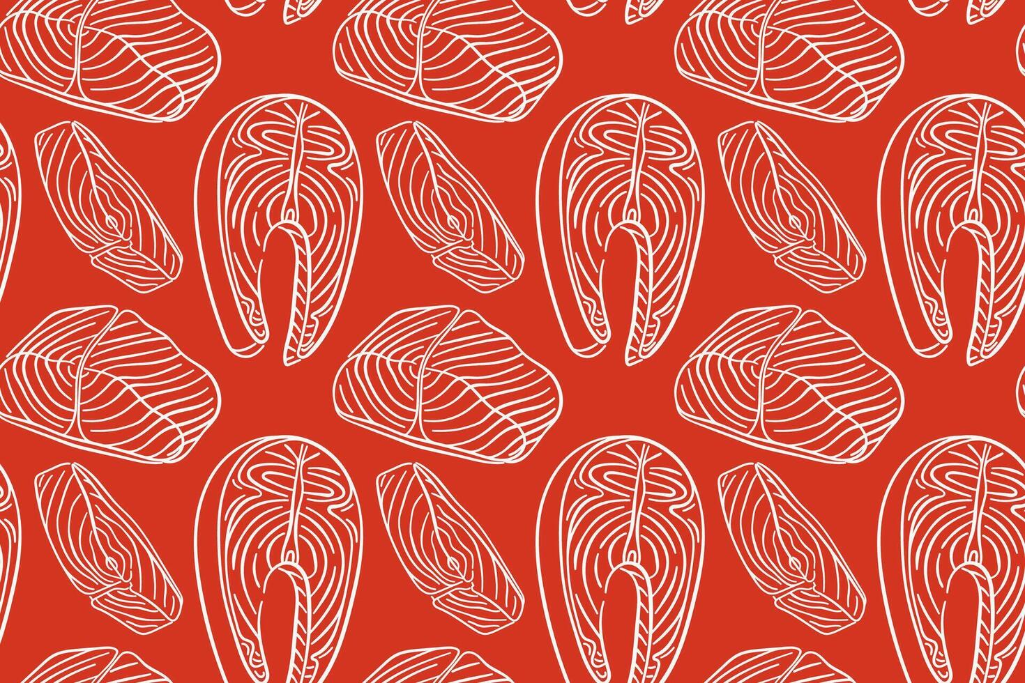Seamless pattern with salmon fillet and steak in line art style on red background. Perfect for seafood packaging, restaurant menu, kitchen design and fish store branding. vector