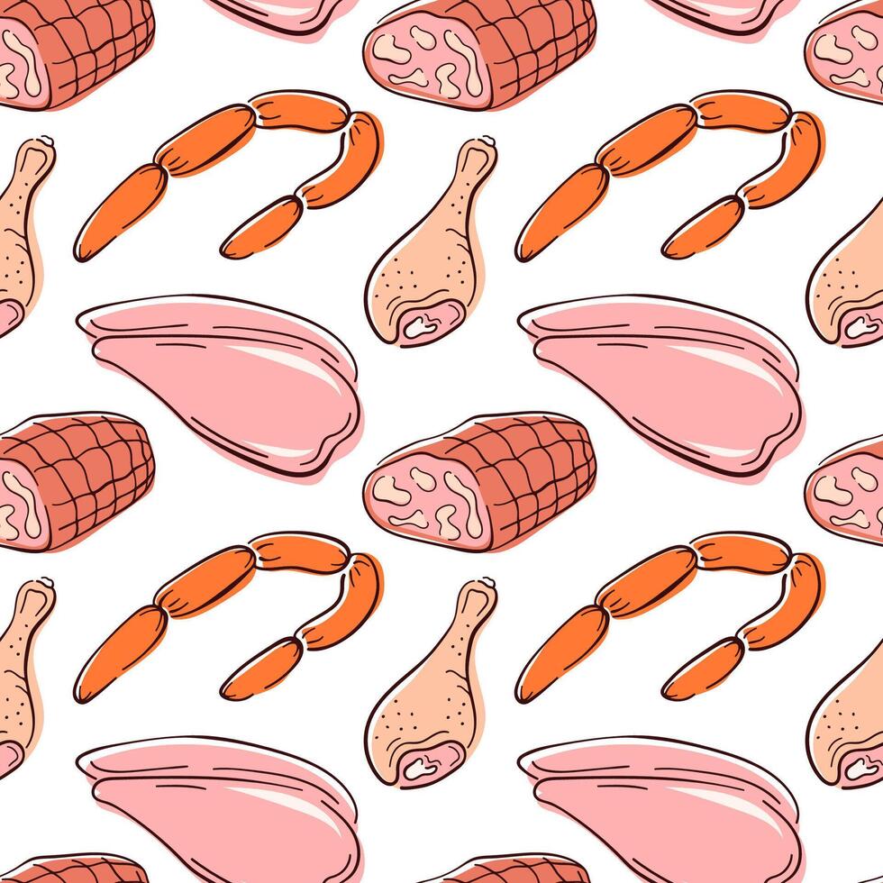 Seamless pattern of chicken fillet and leg, sausages and ham in flat style on white background. Ideal for food packaging, kitchen decor or butcher shop wrapping paper. vector
