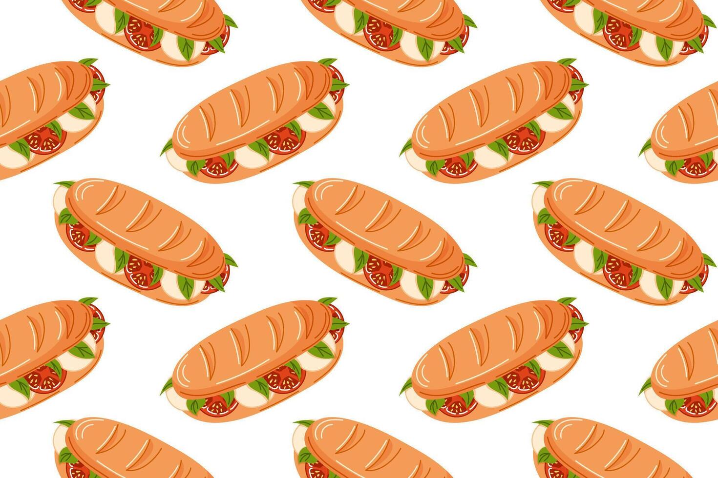 Baguette sandwich seamless pattern with fresh tomatoes, mozzarella cheese and basil leaf in flat style. Design for breakfast menu, grocery and kitchen wallpaper. vector