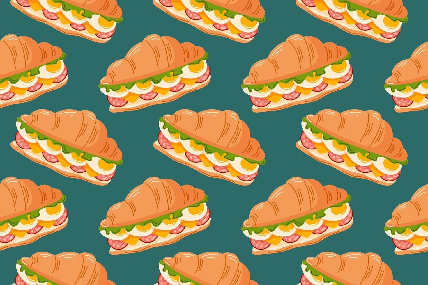 Croissant sandwich seamless pattern with lettuce, egg, cheese and salami in flat style. Design background for bakery, breakfast and brunch cafe wallpaper. vector