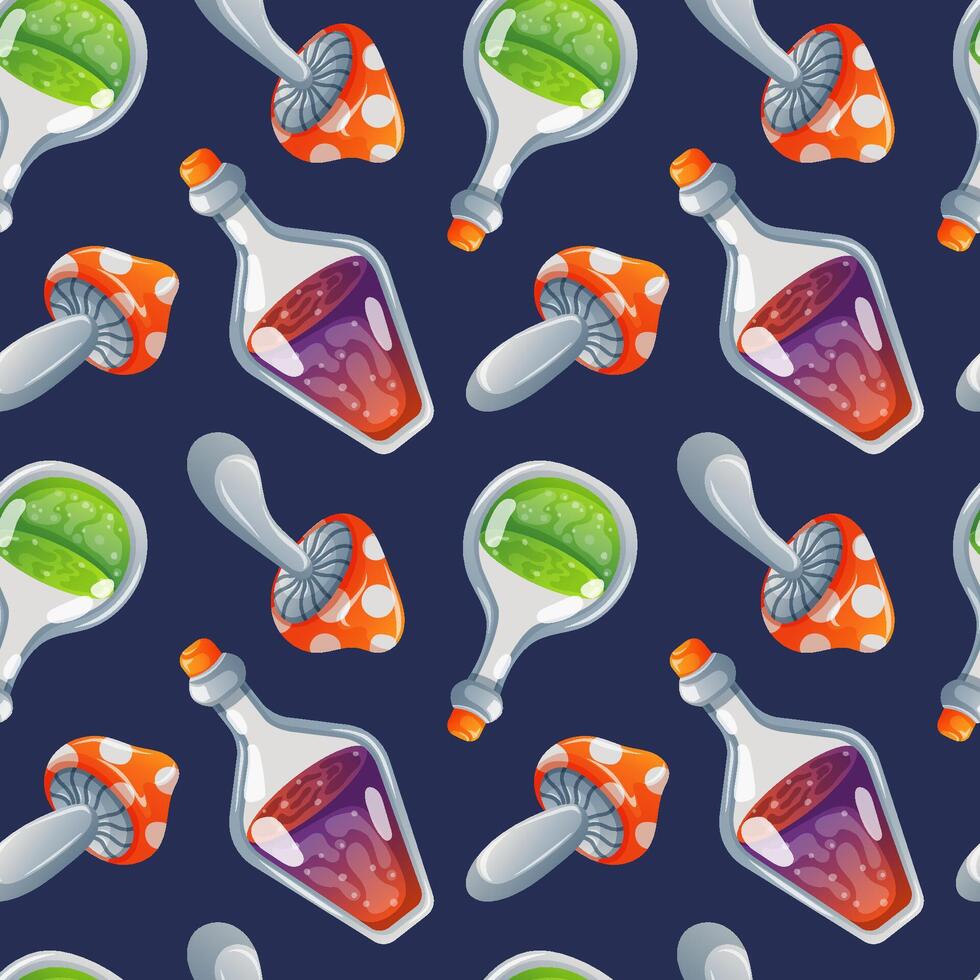 Seamless pattern with potion bottle and red fly agaric mushroom in cartoon style on blue background. Perfect for magical theme, Halloween packaging and enchanted design. vector
