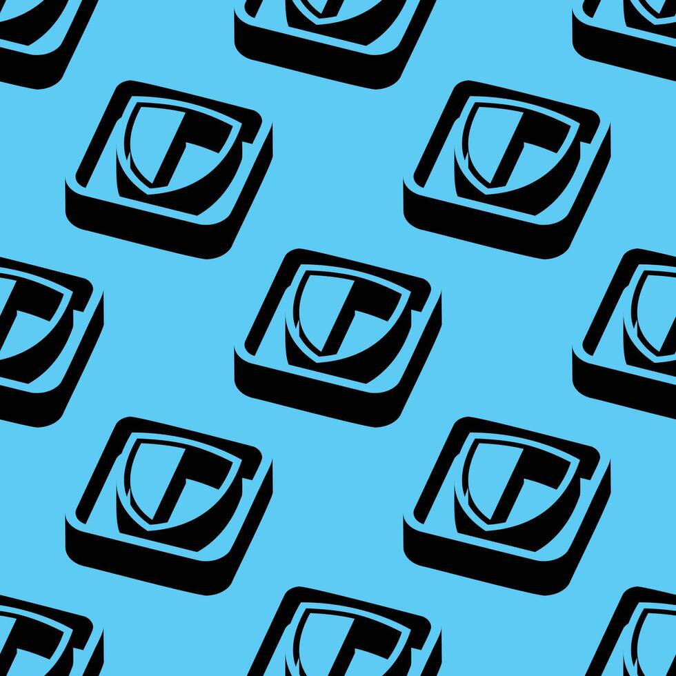 Isometric seamless pattern of shield symbols in 3D square tiles, with deep shadows and bright cyan background. A strong visual for themes of protection, security, and defense. vector
