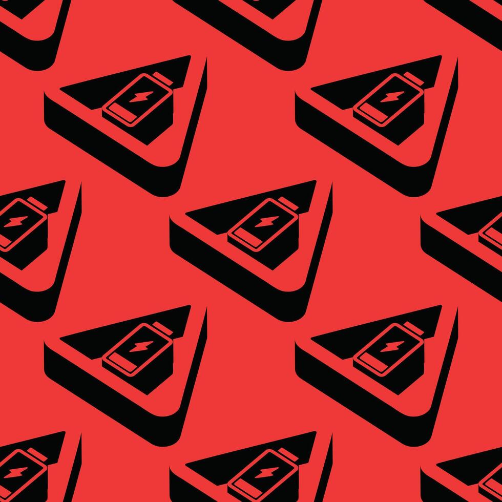 Isometric pattern featuring low battery icons inside triangular 3D shapes on a red background. Bold contrast and strong negative space for a modern tech look. vector
