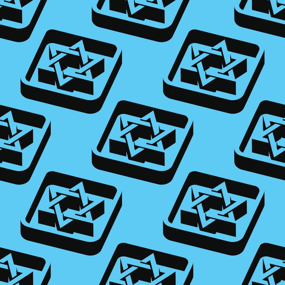Isometric pattern with Star of David symbols enclosed in 3D square frames on a blue background. Strong negative space and shadow effects give a bold, modern typographic appearance. vector