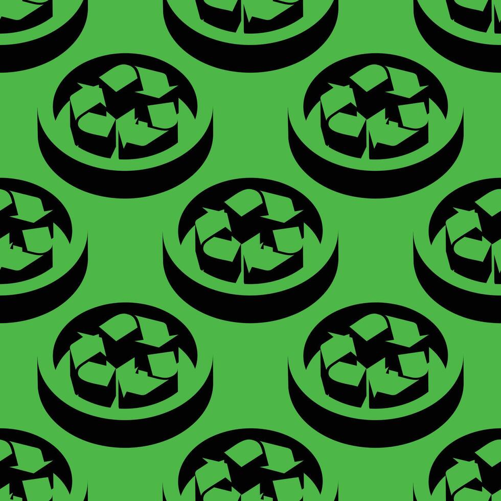 Seamless isometric pattern of recycling arrows inside circular 3D shapes on a green background. Minimalist eco-themed design with bold black shadowed symbols and negative space. vector