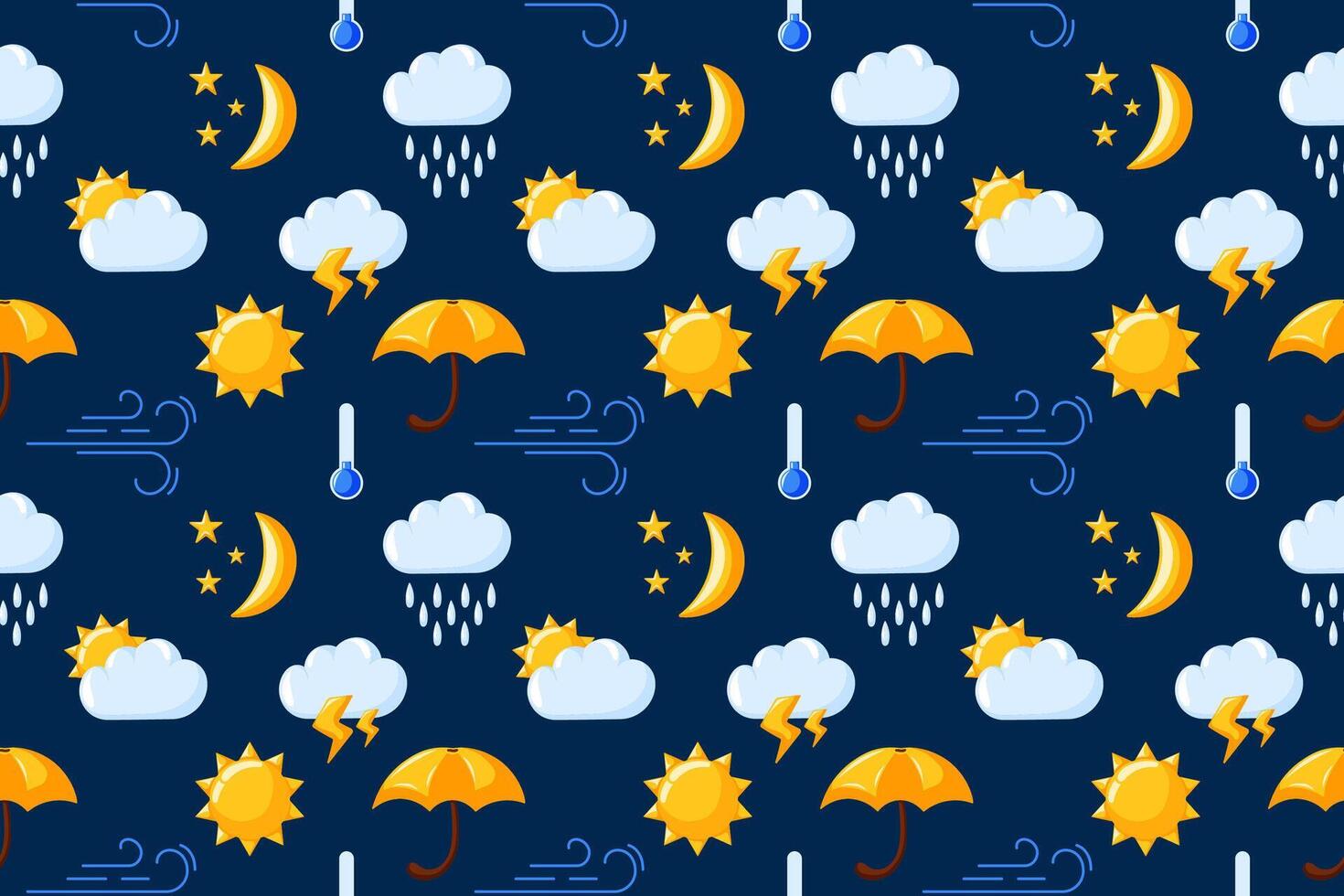 Seamless pattern with weather icon on dark blue background in cartoon style. Sun, clouds, rain, raindrops, umbrella, wind design for cloth, wallpaper, package. vector