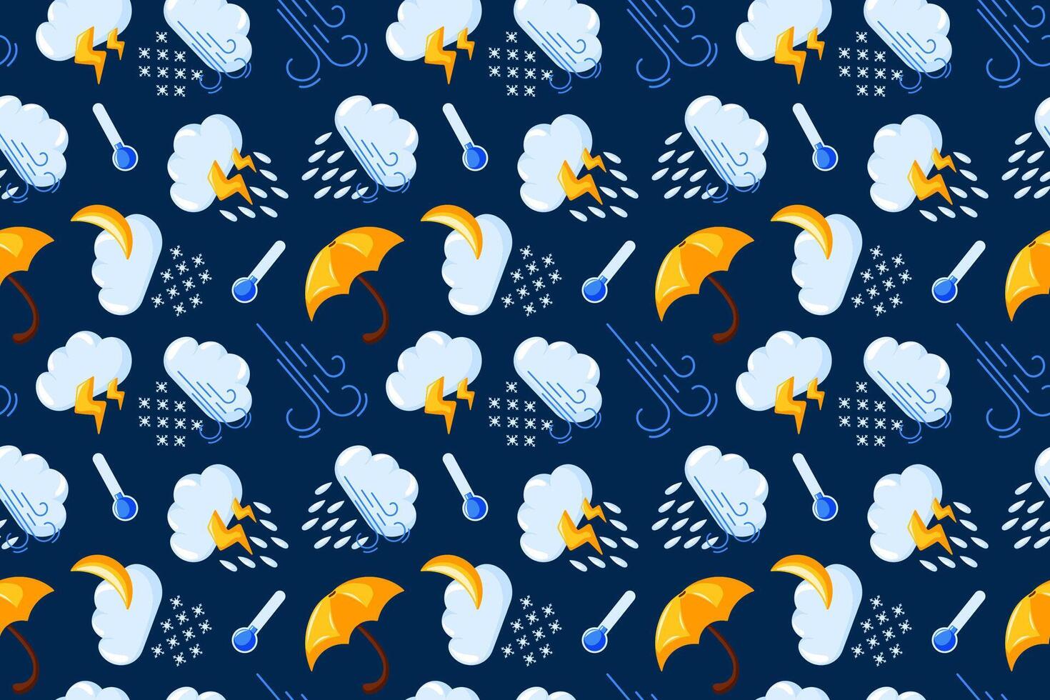 Seamless pattern with cloud, rain, lightning, yellow umbrella, moon, snowflakes and wind symbols on a dark blue background. Perfect design for textile, wrapping paper in cartoon style. vector