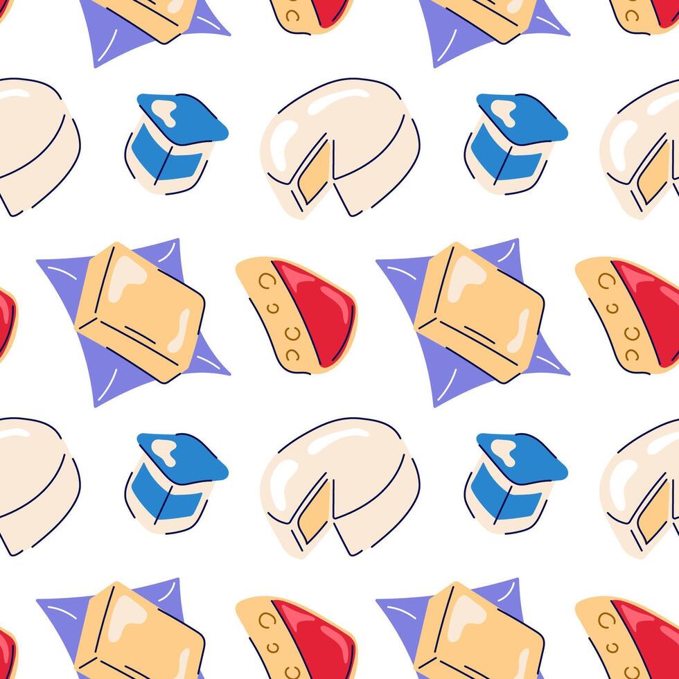 Seamless pattern of cheese pieces with holes, yogurt and butter in flat style. Wallpaper of grocery dairy product on a white background. vector