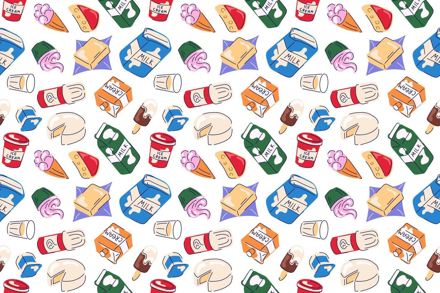 Milk dairy product seamless pattern in flat style. Wallpaper design with ice cream, cupcake, cheese, butter, whipped cream, glass of milk on a white background. vector
