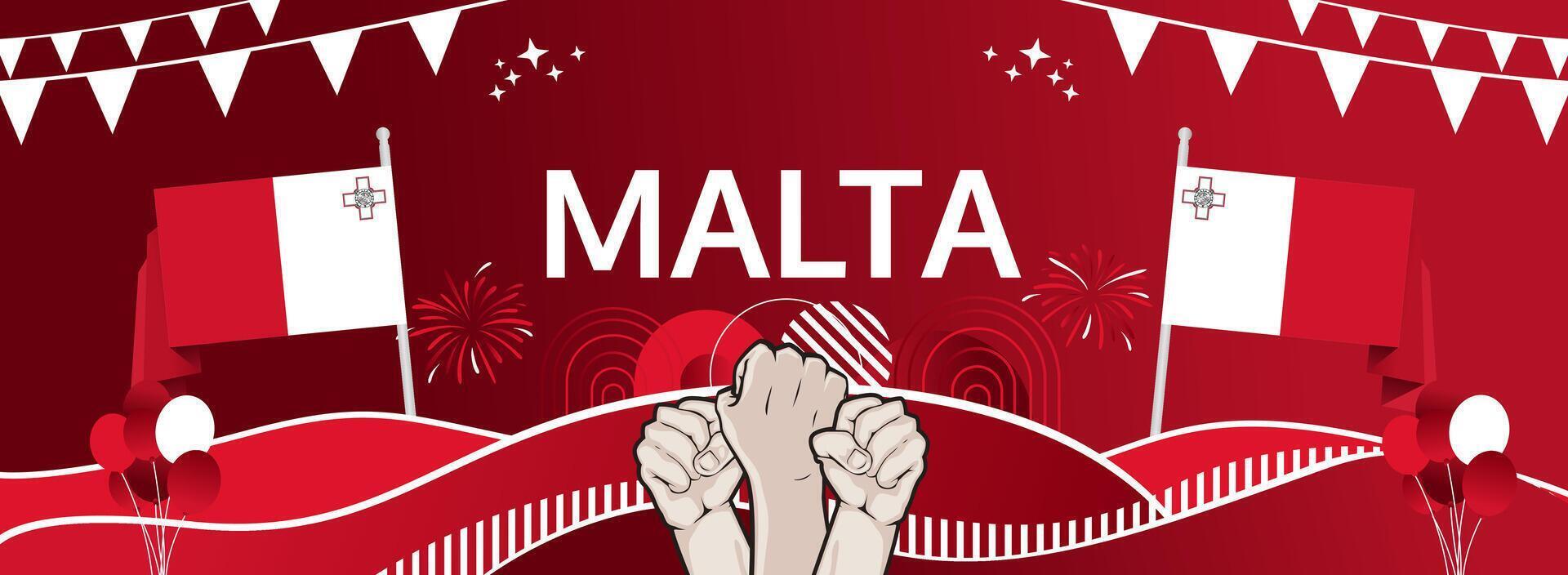 21 September Malta National Day greeting banner. Horizontal layout with vibrant flag colors ideal for cultural celebrations, travel marketing, and holiday discounts vector