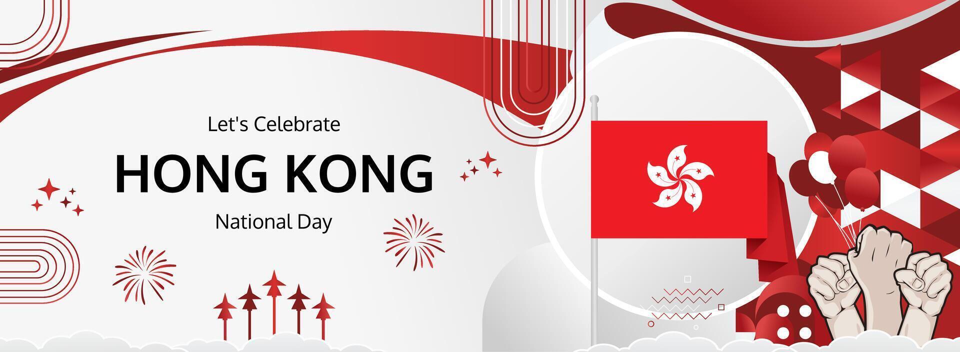 Hong Kong National Day festive banner. 1 October horizontal design with bold flag colors, great for holiday flash sales, travel promotions, and celebration ads vector