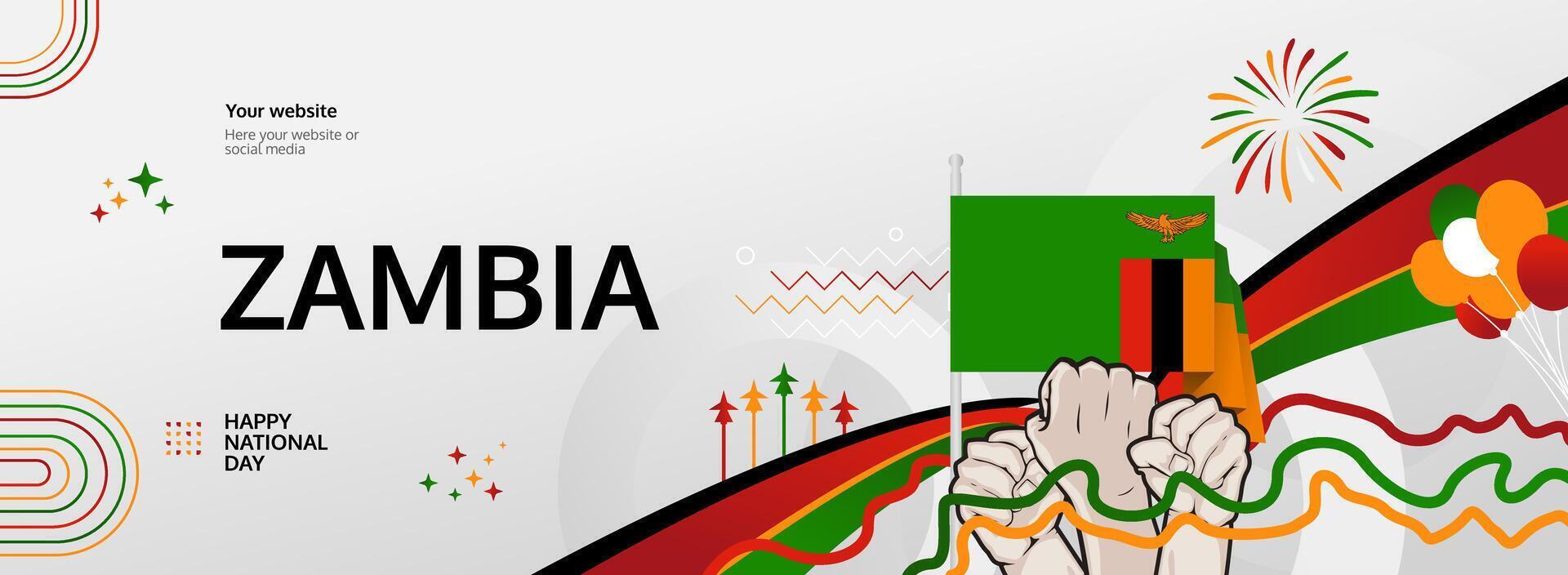 Happy Zambia Independence Day banner. 24 October horizontal design in national colors, perfect for events, flash discounts, and tourism advertising vector