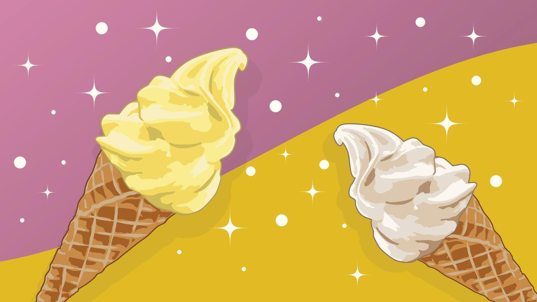 Yellow and cream ice cream cone on pastel pink and orange background. vector