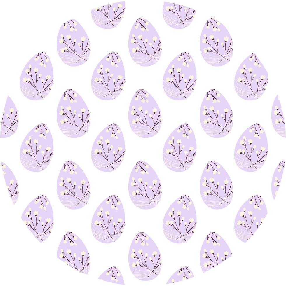 Easter Eggs Decorated Blossom twigs Seamless Pattern on lavender Circle Background Easter Greeting. Isolated illustration Greeting Thematic Cards, posting or promo banner, leaflets, price tag vector