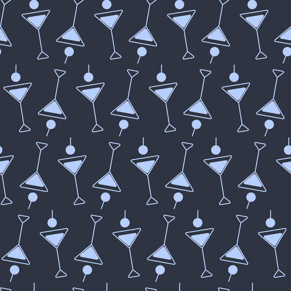 Outline Martini glasses and Cherry Seamless Pattern Trendy Light blue on dark Bartender Day Backdrop. Isolated Background Design Greeting Thematic Cards, posting, label or promo banner, leaflet vector