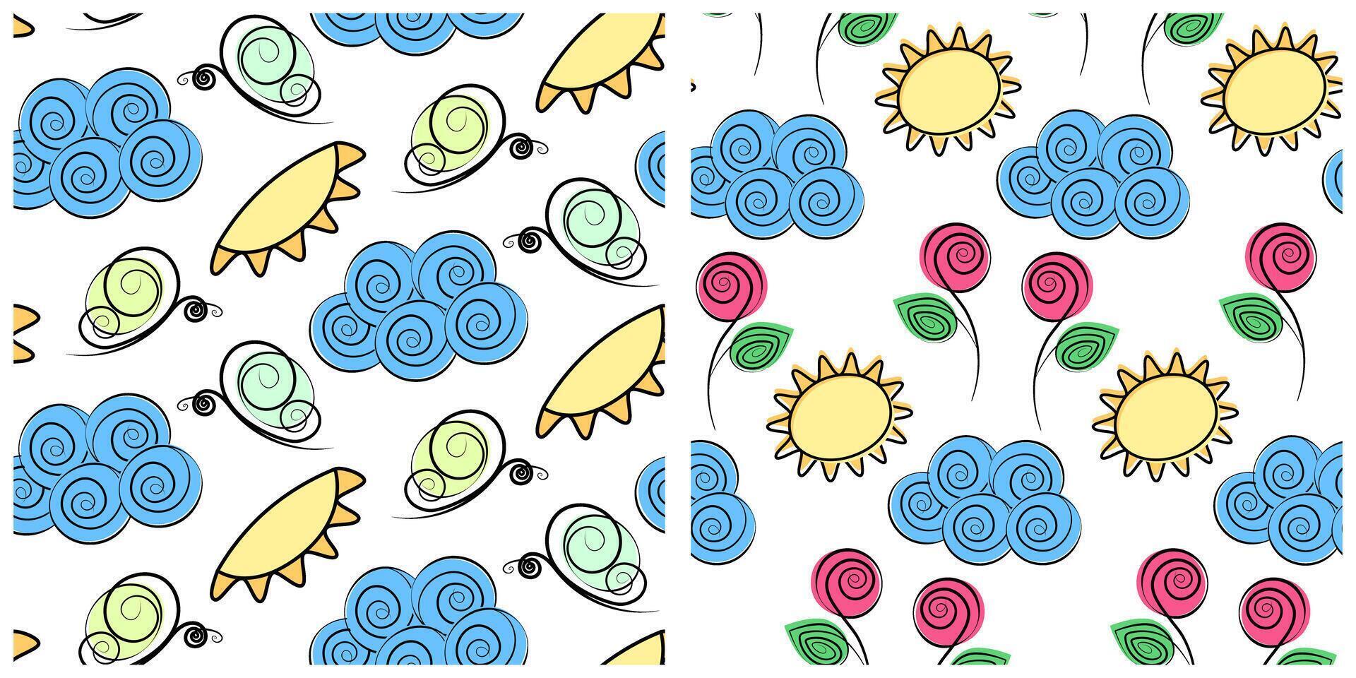 Stylizes Clouds Butterflies Sun and Roses Seamless Patterns Spring or Summer Weather Seasonal design. Isolated Background design seasonal greeting cards, party invitations or decorative prints vector