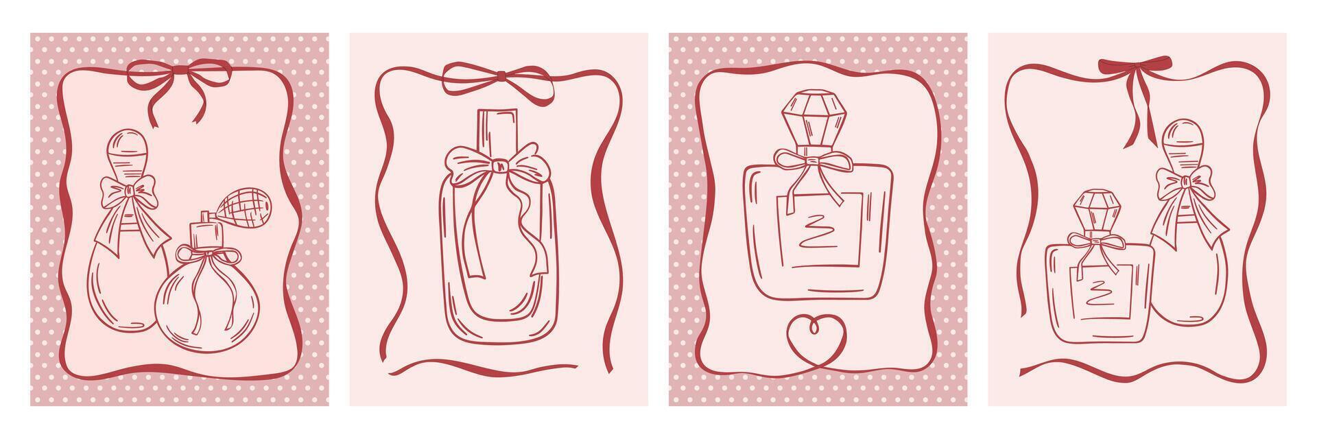 Vintage greeting card set with bottles of perfume vector