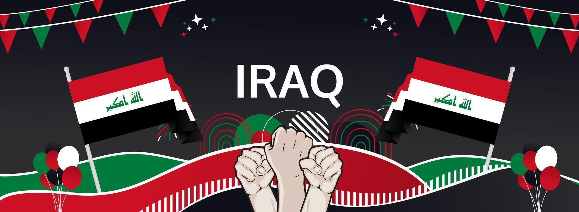Happy Iraq Independence Day banner. 3 October patriotic layout with national colors, great for tourism campaigns, holiday discounts, or event marketing vector