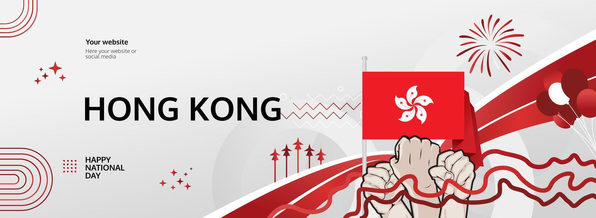 Hong Kong National Day modern banner. 1 October Happy Celebrate. Festive flag-colored background, ideal for tourism ads, event promos, or holiday flash sales vector