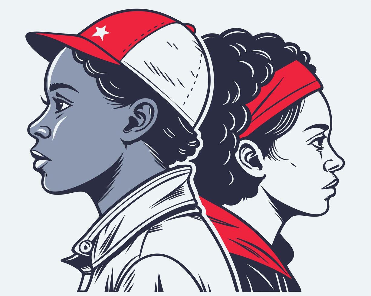 Vintage Styled Illustration of Two Figures in Profile with Red Accents vector