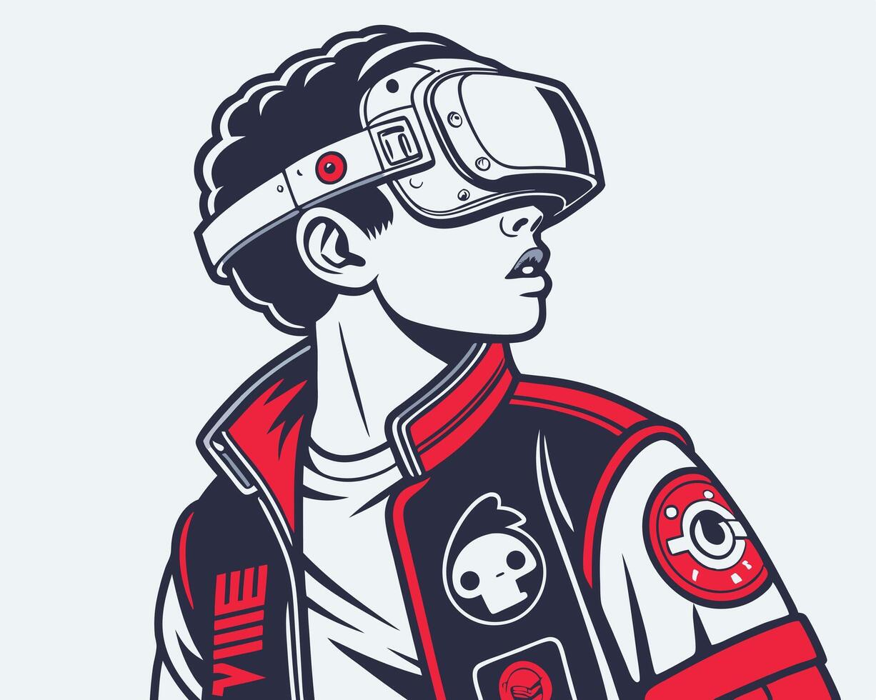 Stylized Illustration of a Futuristic Youth Wearing Virtual Reality Headset vector